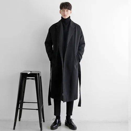 Sobretudo Masculino Longo de Lã Batida Com Cinto Preto - Zellum