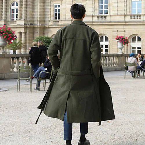 Sobretudo Masculino Longo de Lã Batida Com Cinto Verde - Zellum