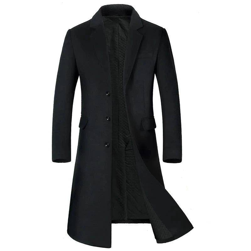 Sobretudo Masculino Longo de Lã Slim preto, com três botões e bolsos laterais. Perfeito para looks formais e casuais no inverno.