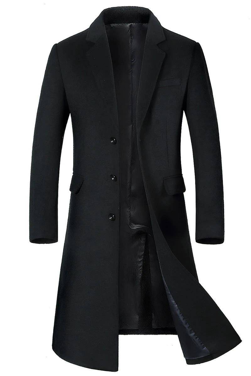 Sobretudo Masculino Longo de Lã Slim preto com forro interno e corte moderno. Perfeito para dias frios com estilo refinado.