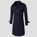 Sobretudo trench coat azul marinho com dupla fileira de botões e cinto ajustável