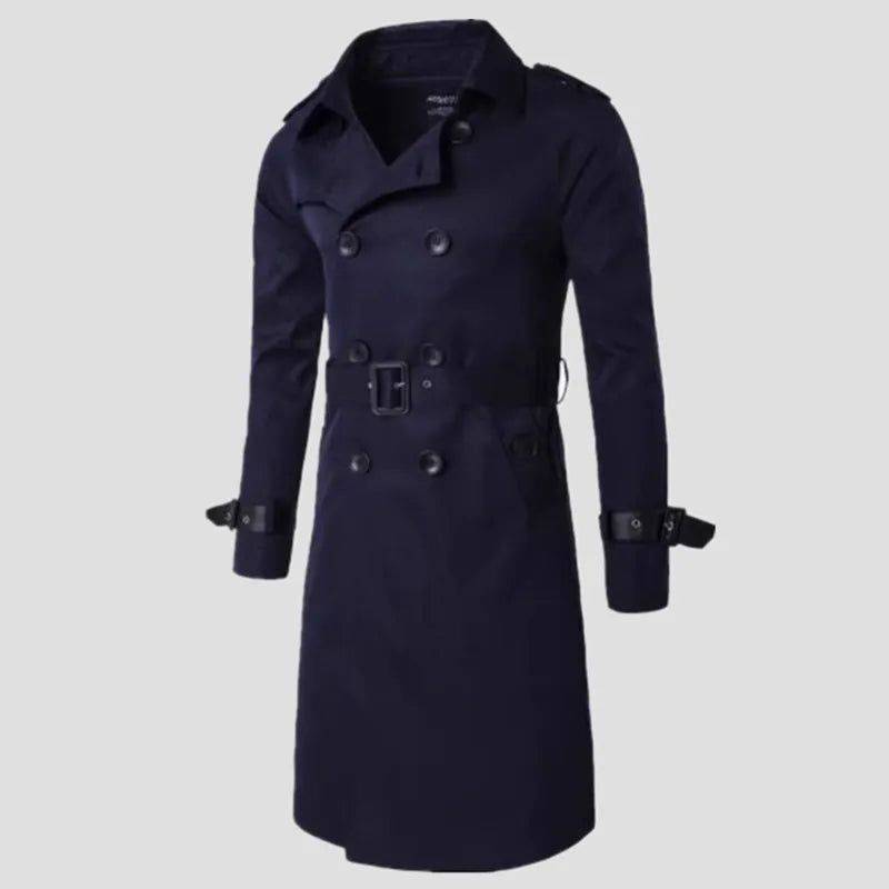 Sobretudo masculino médio corta vento azul marinho com cinto e botões duplos, ideal para dias frios e elegantes. Modelo trench coat moderno.