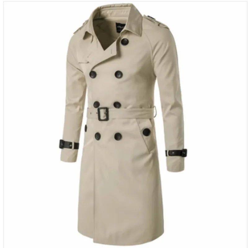 Sobretudo masculino médio corta vento bege com cinto e botões pretos, estilo trench coat. Perfeito para compor looks formais e urbanos.