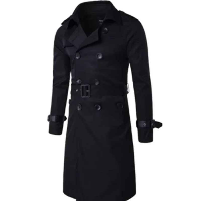 Sobretudo masculino médio corta vento preto com cinto e botões duplos, ideal para inverno. Design elegante e funcional para o dia a dia.