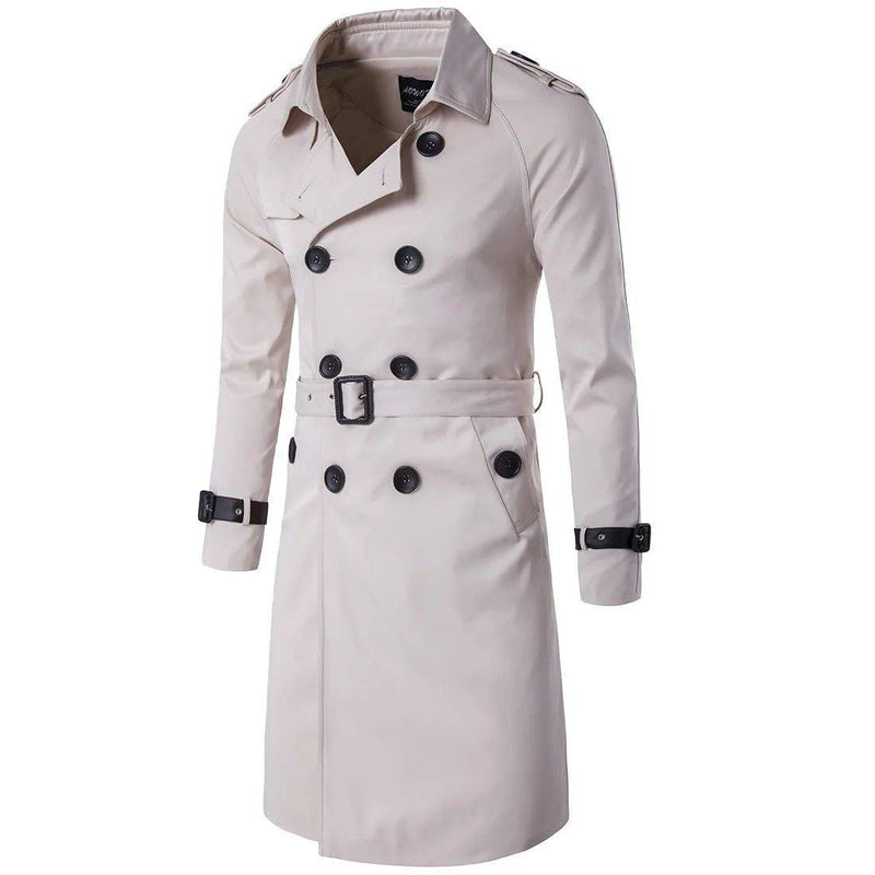 Sobretudo masculino médio corta vento bege com cinto e botões duplos, estilo trench coat. Perfeito para ocasiões formais e casuais.