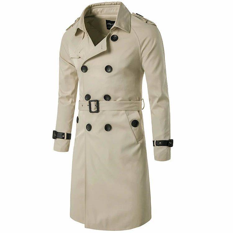 Sobretudo masculino médio corta vento bege areia com cinto e botões escuros. Modelo clássico para o inverno com toque sofisticado.