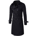 Sobretudo masculino médio corta vento preto com cinto e botões duplos. Ideal para dias frios com estilo urbano e moderno.