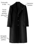 Sobretudo social masculino preto com etiquetas destacando acabamento à mão, caimento, tecido premium e comprimento alongado