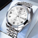 Relógio masculino Olevs aço inoxidável com mostrador branco e pulseira prateada