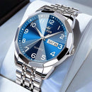 Relógio masculino aço inox com mostrador azul e pulseira prateada