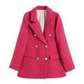 Blazer rosa feminino estilo alfaiataria xadrez com lapela clássica e caimento sofisticado.