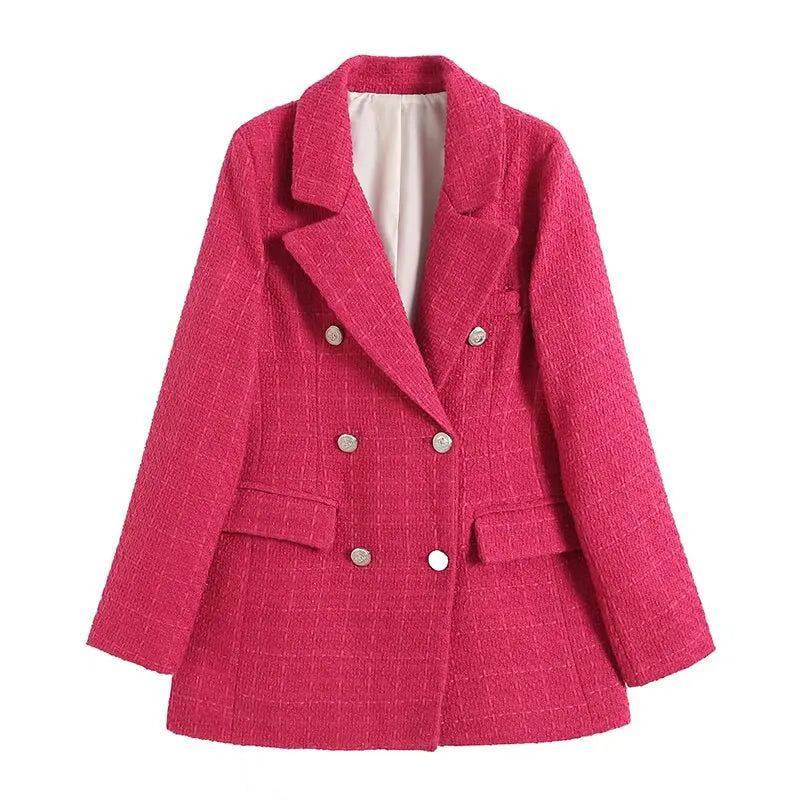 Blazer rosa feminino estilo alfaiataria xadrez com lapela clássica e caimento sofisticado.