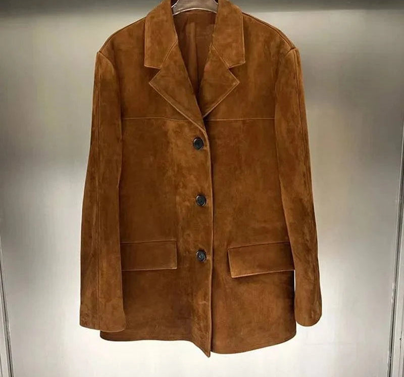 Blazer feminino bege de couro legítimo com forro em pele de carneiro