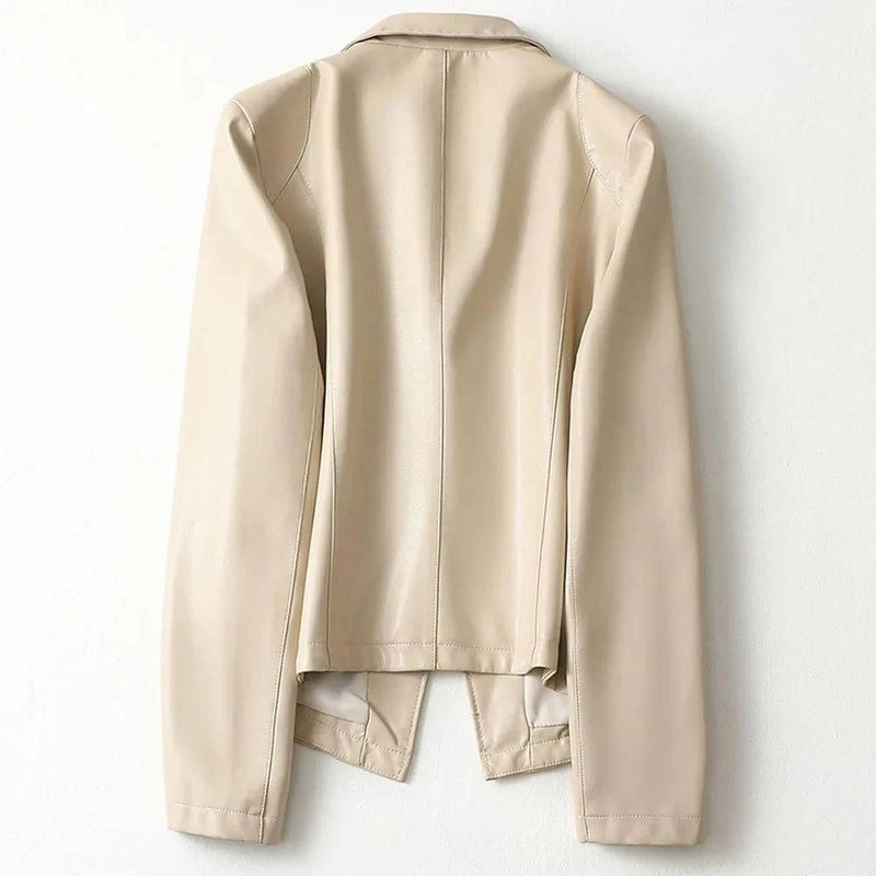 Parte traseira de blazer feminino de couro slim bege moderno