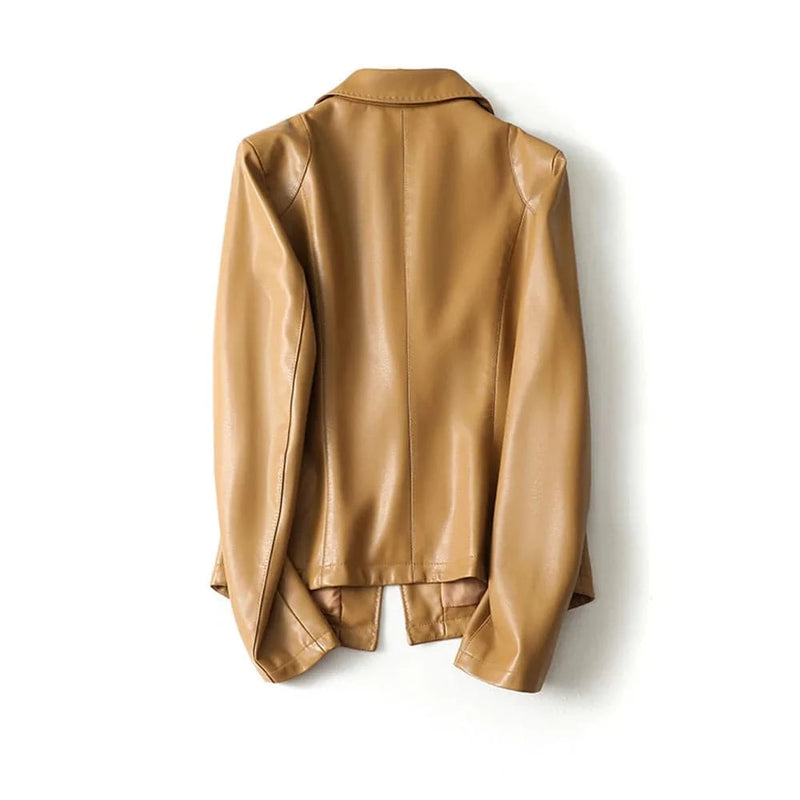 Parte traseira de blazer feminino de couro slim caramelo