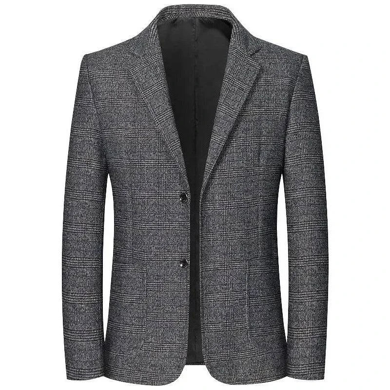 Blazer slim masculino cinza claro com estampa xadrez e corte formal