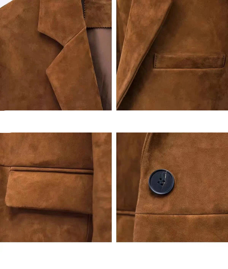 Detalhes do blazer social feminino couro carneiro marrom: gola, bolso e botão