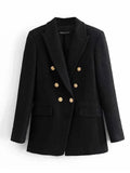 Blazer social feminino preto com botões dourados fotografado em fundo branco