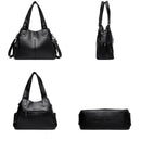 Bolsa de couro feminina preta Province com alças duplas, vistas frontal, lateral, traseira e inferior