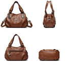 Bolsa de couro marrom com alça dupla, vista frontal, lateral, traseira e base