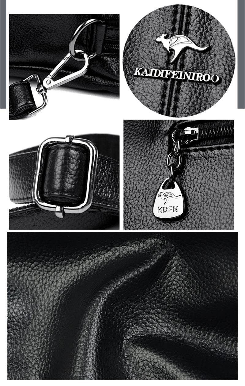 Bolsa Feminina Couro Legítimo Luxe Essence preta. Detalhes de ferragens prateadas, logo da marca, zíper com charm e textura do couro. Qualidade e acabamento refinado.