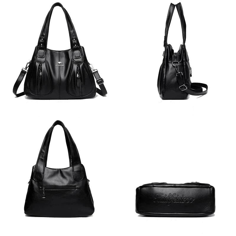 Bolsa Feminina Couro Legítimo Luxe Essence preta. Vistas frontal, lateral, traseira e inferior. Bolsos externos e alças duplas. Completa e funcional.