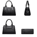 Bolsa feminina de couro preta, vistas frontal, lateral, traseira e inferior