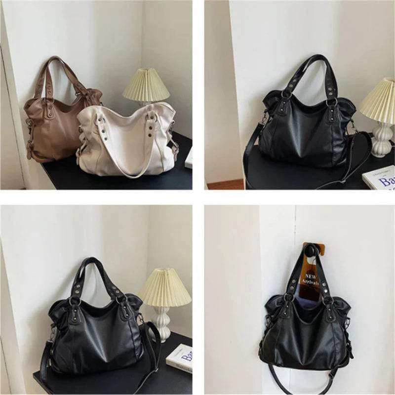 Bolsa Feminina Couro Sintético Casual Tote, em preto, marrom e bege. Design maleável, espaçosa e versátil.