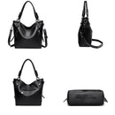 Bolsa tote de couro preto com alça dupla, vistas frontal, lateral, traseira e inferior