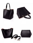 Bolsa tote de couro preta com alças duplas, interior marrom e alça removível — vistas frontal, lateral e interior.