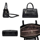 Bolsa satchel de couro com textura croco, alças duplas, interior compartimentado com forro bege