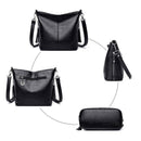 Bolsa tiracolo de couro feminina preta com alças ajustáveis, vista frontal, traseira, lateral e inferior