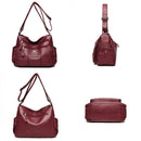 Bolsa tiracolo de couro burgundá com alça regulável, vista frontal, lateral, traseira e inferior.