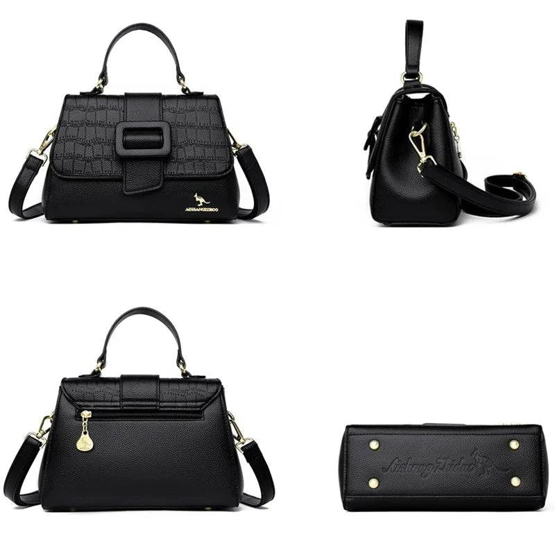 Bolsa Tiracolo Feminina Couro Legítimo Lavish preta. Vistas frontal, lateral, traseira e inferior. Textura croco na aba e fecho de fivela. Completa e sofisticada.