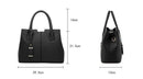 Bolsa tote feminina de couro preta, vista frontal e lateral com dimensões de 29,5cm x 21,5cm x 13cm