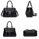 Bolsa tote de couro estruturada preta com pregas, vista frontal, lateral e inferior