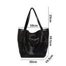 Bolsa tote preta de couro com rebites metálicos, 50x33.5x19.5cm