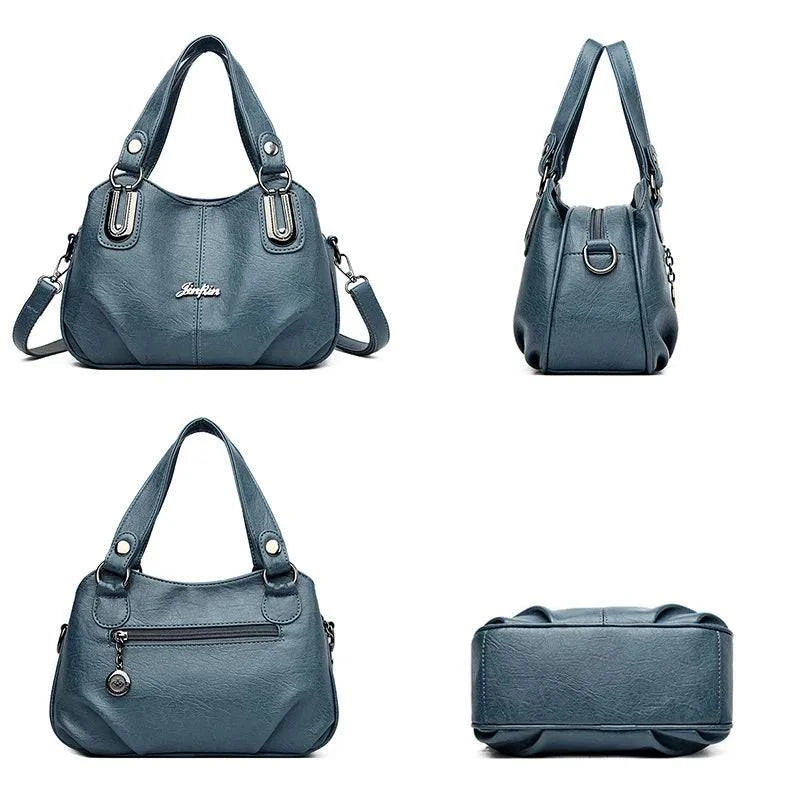Bolsa Tote Feminina Estruturada Pequena azul. Vistas frontal, lateral, traseira e base. Design versátil e funcional.