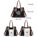 Bolsa tote Sofia preta com alças marrons, medidas 39x33x14cm, mostrada em três ângulos com comparação com iPad