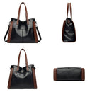 Bolsa tote feminina preta com detalhes marrom, vistas frontal, lateral, traseira e inferior