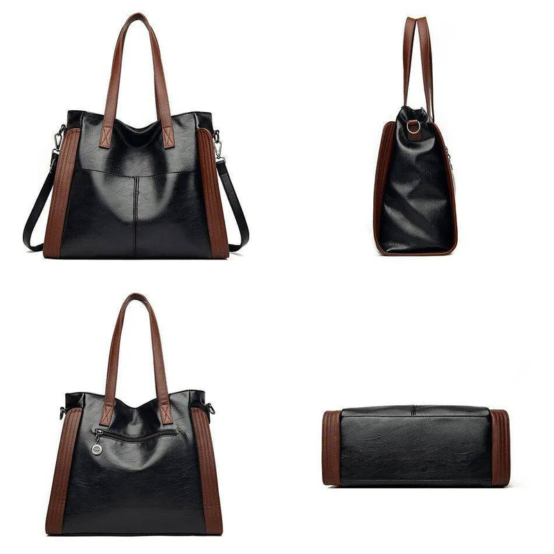 Bolsa tote feminina de couro sintético Sofia em preto com detalhes marrons, exibida em múltiplas vistas (frontal, lateral, traseira, inferior), destacando seu design espaçoso e acabamento.