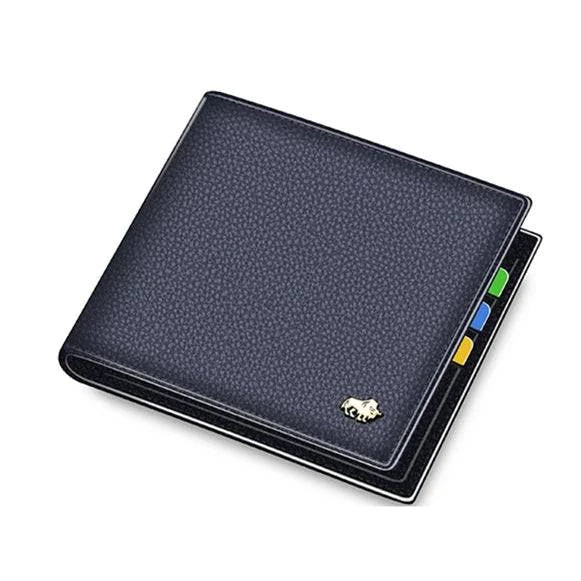 Carteira masculina Bison de couro legítimo azul marinho com textura granulada e costura fina, emblema dourado de búfalo, interior com abas coloridas, design clássico e sofisticado.
