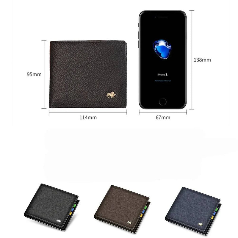 Carteira masculina Bison de couro legítimo exibindo dimensões de 114x95mm ao lado de um smartphone para comparação de tamanho. Abaixo, as carteiras nas cores preto, marrom e azul com interior colorido, ressaltando a elegância e praticidade.