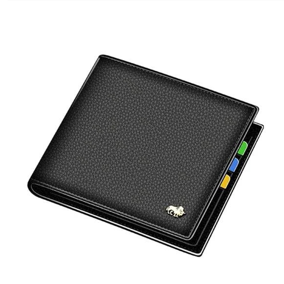 Carteira masculina Bison de couro legítimo preta com textura granulada e costura detalhada, emblema de búfalo, interior com abas coloridas, design clássico e sofisticado.