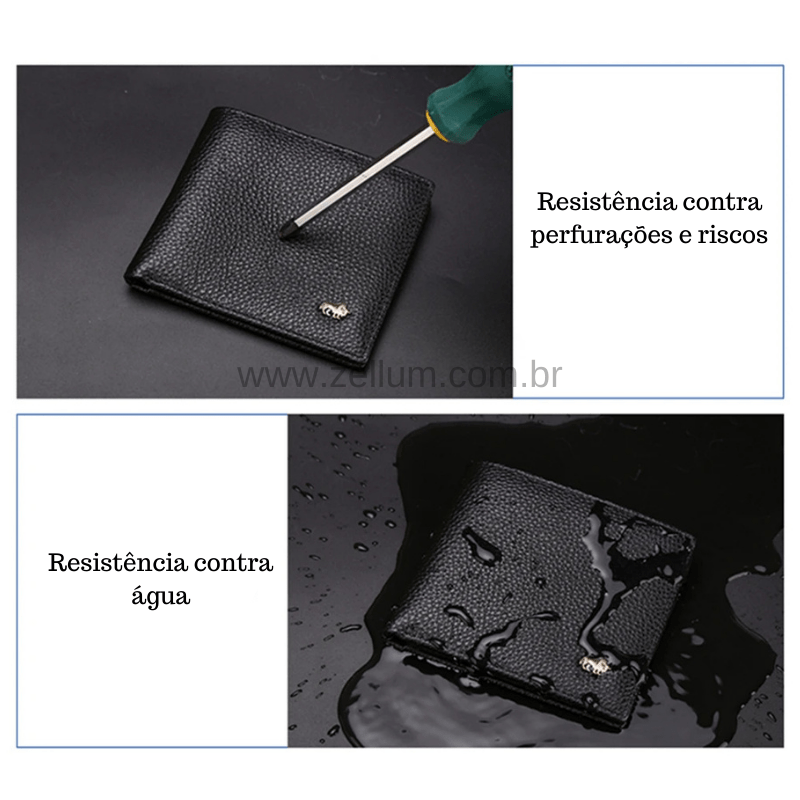 Carteira masculina Bison de couro legítimo preta, demonstrando resistência superior contra perfurações, riscos e água, ideal para o uso diário e durabilidade estendida.