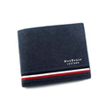 Carteira masculina MenBense de couro azul marinho com listras tricolores (vermelho, branco, azul) e costura em destaque, exibindo a inscrição "MenBense Leather", um design clássico e elegante.