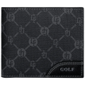Carteira de couro masculina Slim GOLF preta com padrão de monograma elegante, detalhe em pesponto branco e logotipo GOLF em relevo, combinando estilo clássico e moderno.