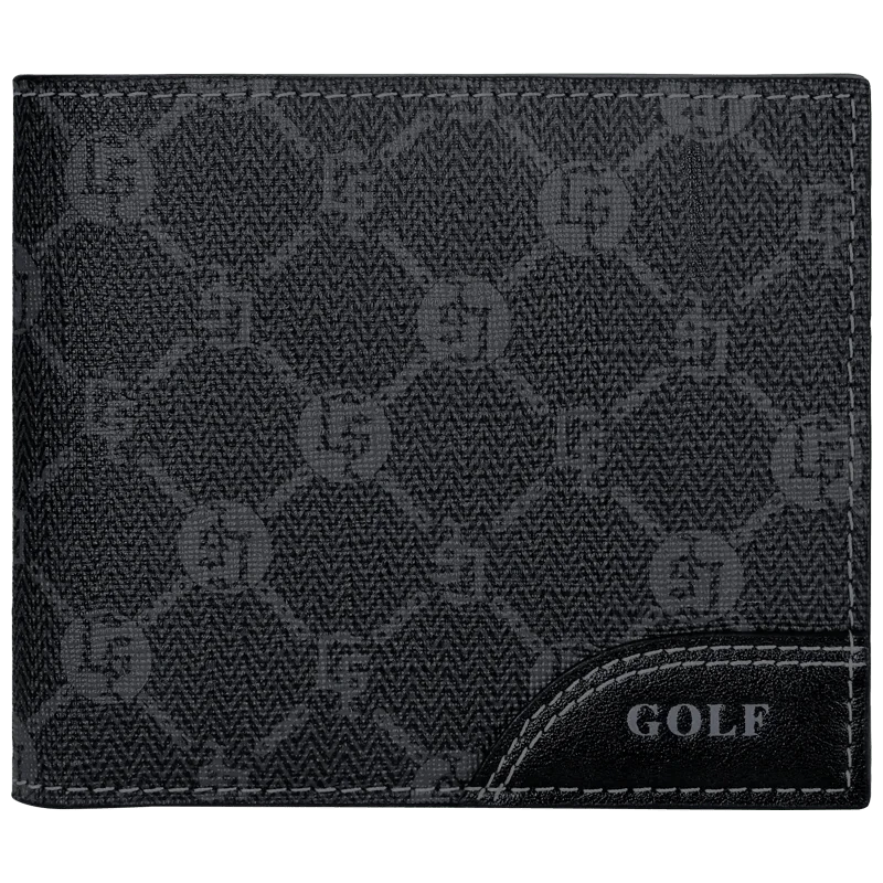 Carteira de couro masculina Slim GOLF preta com padrão de monograma elegante, detalhe em pesponto branco e logotipo GOLF em relevo, combinando estilo clássico e moderno.