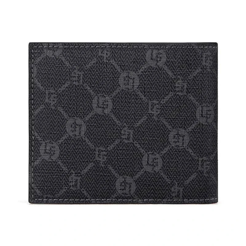 Carteira de couro masculina Slim preta com padrão geométrico de monograma sutil, detalhe de pesponto branco contrastante, oferecendo um design moderno e exclusivo.