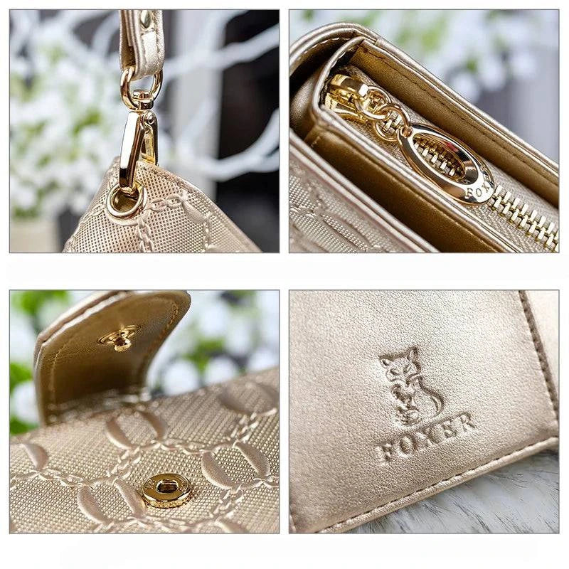 Detalhes da carteira feminina de couro Elisa dourada/bege: close-ups do encaixe da alça de pulso, zíper lateral, fecho de botão e logotipo "FOXER" em relevo, exibindo acabamentos.